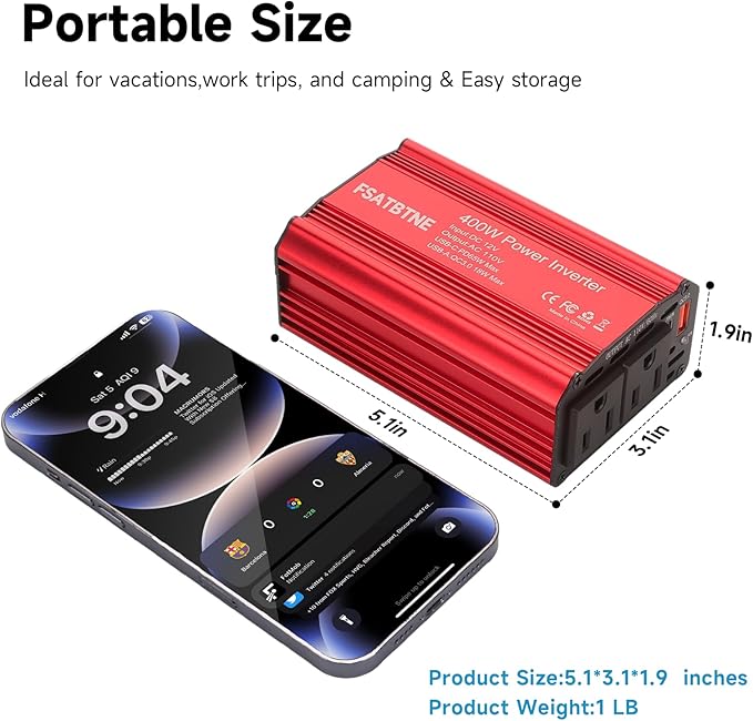 400W Power Inverter, FSATBTNE DC 12V to 110V AC Car Plug Adapter Outlet Converter with [65W PD USB-C] & [18W QC USB-A] Fast Charging Ports and 2 AC Outlets Car Power Inverters for Vehicles