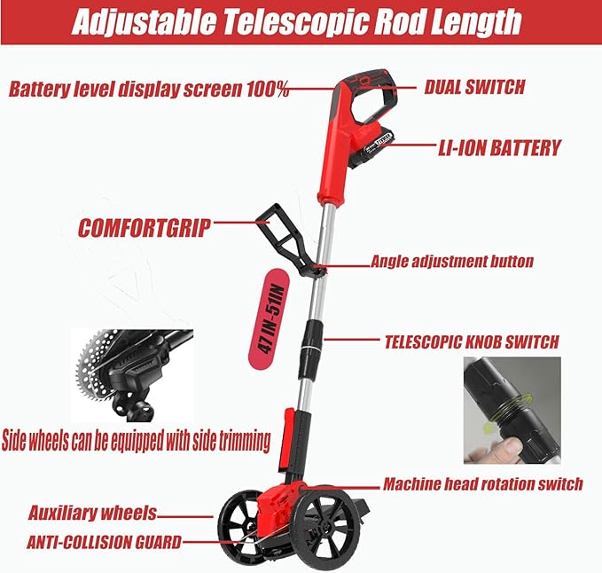Electric Weed Wacker Cordless Eater Battery Powered String Trimmer, with 2Pcs 21V Battery 5 Types Blades Lightweight Grass Trimmer Edger Lawn Tool, Push Wheeled No-String Trimmer for Garden Yard