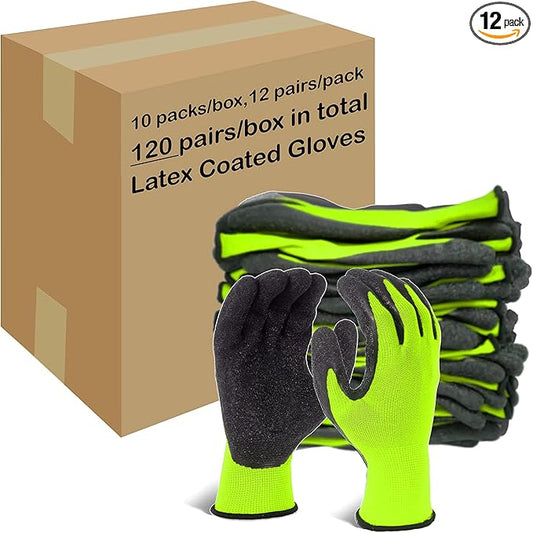 Evridwear Crinkle Latex Rubber Hand Coated Safety Work Gloves for Men Women General Multi Use Construction Warehouse Gardening Assembly Landscaping (L-Size) Lime 120 Pairs Pack