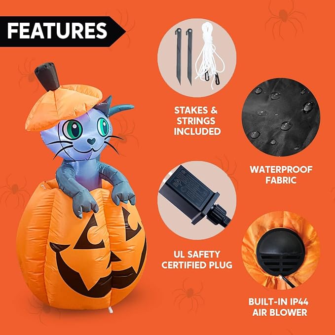 Joiedomi 5 FT Halloween Inflatables Outdoor Decorations, Inflatable Halloween Decor Outdoor Blow Up Pumpkin for Yard, Animated Blow Up Cat On Pumpkin with LEDs for Outside Decor
