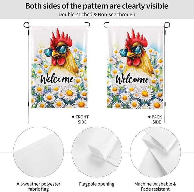 Rooster Garden Flag Vertical Double Sided Outdoor Yard Flags 12.5x18 Inch Burlap Banners for House Lawn