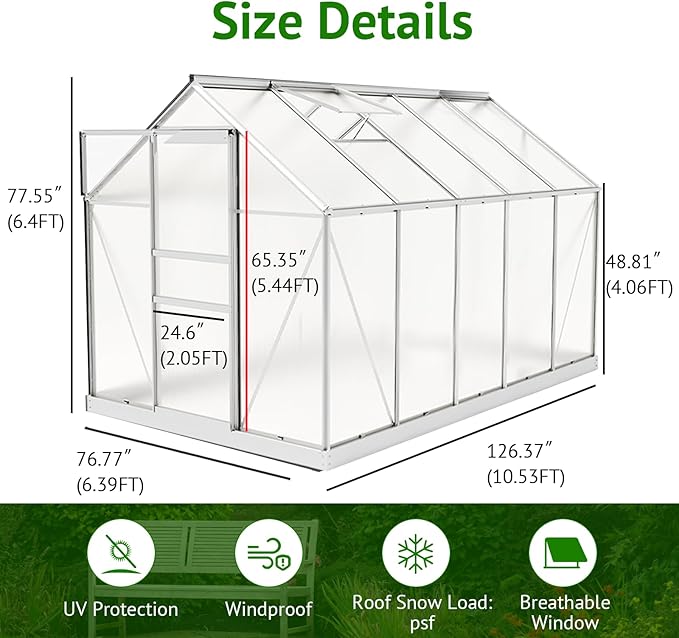 10x6ft Polycarbonate Greenhouse, Heavy Duty Walk-in Aluminum Greenhouse for Outdoors, with Ventilation Window, Sliding Door, Rain Gutter, Green House for Plants Backyard Silver