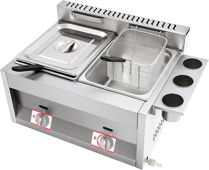 Stainless Steel Low Pressure Gas Deep Fryer with Frying Baskets and Lid, 12.7QT/12L Capacity Countertop Deep Fryer Oil Frying Pot Kitchen Frying Machine Table Snack Fryer Double Cylinder Gas Fryer