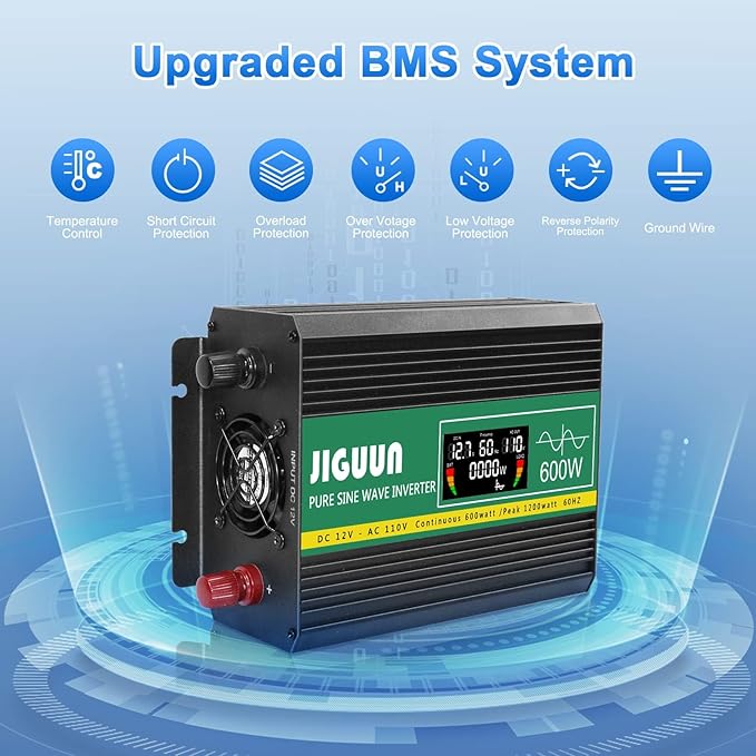 Pure Sine Wave Inverter,600W 12V to 110V Power Inverter Converter,USB Output LCD Display for Home Camping RV Emergency Appliance with Protective Cap