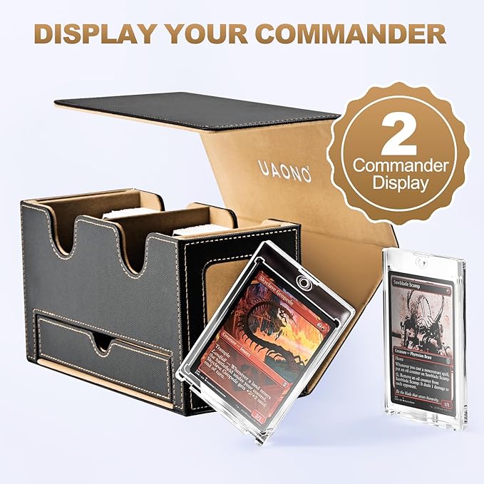 MTG Deck Box with 2 Commander Display and Dice Tray-Patented Design, Double Deck Box for 280+ Single Sleeved Cards, Leather Magnetic Card Storage Box Fits for TCG CCG Magic Cards (Black&Khaki)