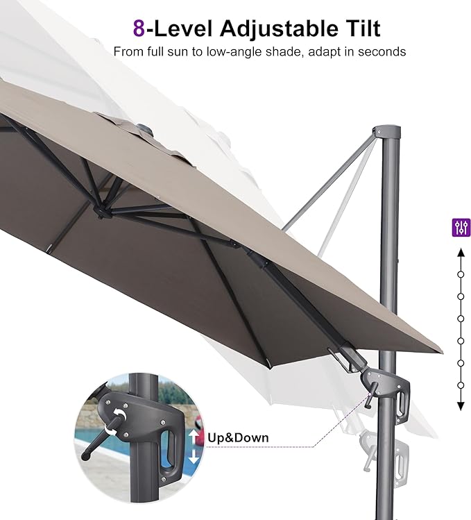 PURPLE LEAF 11' X 8' Swivel Outdoor Patio Aluminum Umbrella with Base Left-right Tilting Cantilever Offset Umbrella with UV Resistant Heavy Duty Fabric for Deck Pool Patio Backyard, Ash Mocha
