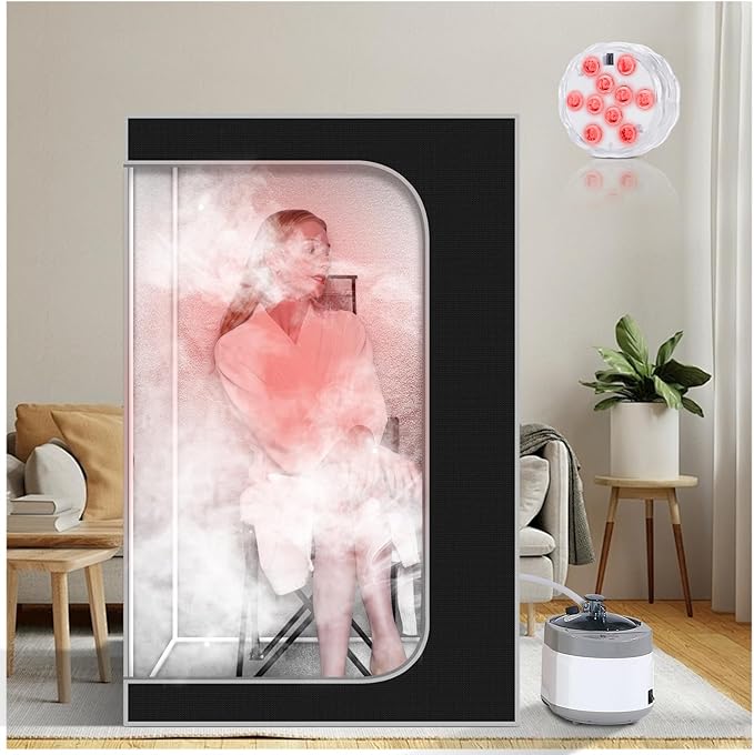 Smartmak Portable Steam Sauna, Personal Sauna Box for Home Spa, 4L Steamer, Full Body Sauna Tent with Adjustable Vision, 16 Levels, 99 Minute Timer, Remote Control, Light, Large Foldable Chair, Black