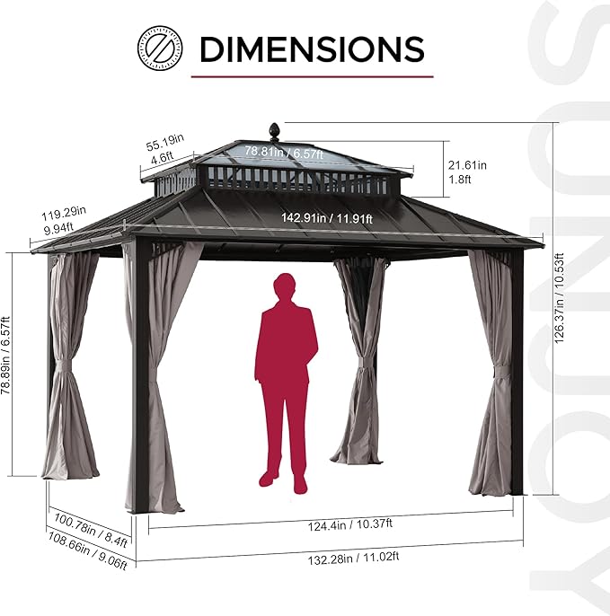 SUNJOY Kingston 12' x 10' Hardtop Gazebo with Galvanized Steel/Polycarbonate Double Roof, Curtain and Netting, Brown Aluminum Posts Permanent Pavilion Gazebo for Garden, Patio, Deck, Lawn