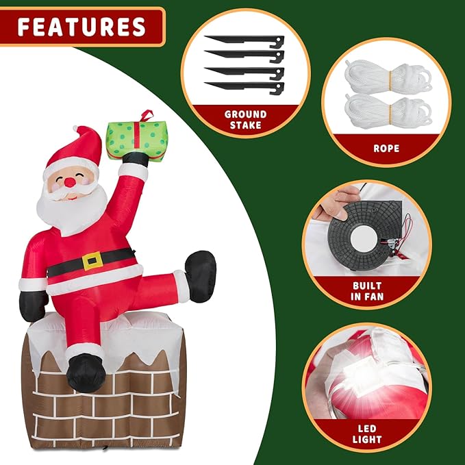 ININ 8FT Christmas Inflatables Santa Claus on The Chimney,Christmas Inflatables Decorations Outdoor/Indoor,Blow Up Santa Claus Yard Decorations Built-in LED Lights,for Yard/Lawn/Garden.