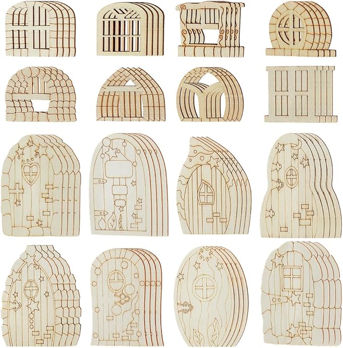 128 Pcs Fairy Doors, 16 Styles Wooden Miniature Garden Door Unfinished DIY Blank Windows for Miniature Fairy Room Decorations