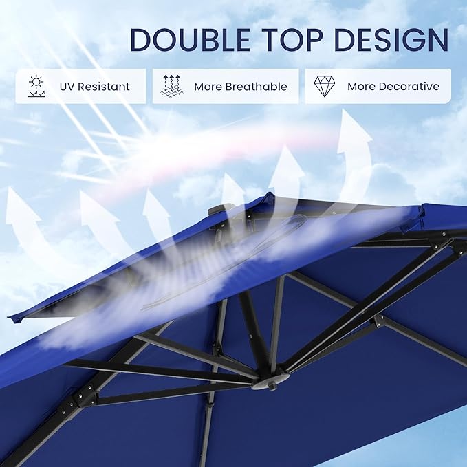 10x10 FT Cantilever Patio Umbrella Double Top Outdoor Square Large Heavy Duty Aluminum Offset Umbrellas with 7 Level Tilt 360-degree Rotation for Pool Garden Deck, Deep Navy