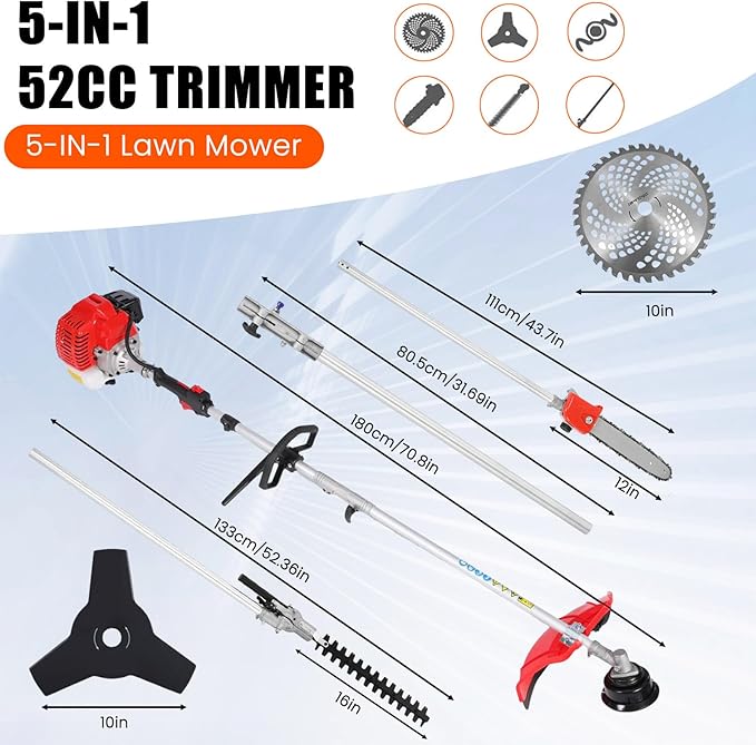 Weed Eater Gas Powered,52cc 2 Stroke Gas Weed Wacker, 5 in 1 Multi Functional Trimming Tools,Gas Hedge Trimmer,String Trimmer,Weed Eater,Brush Cutter,Pole Chainsaw with Extension Pole 9500rpm 2.3kw