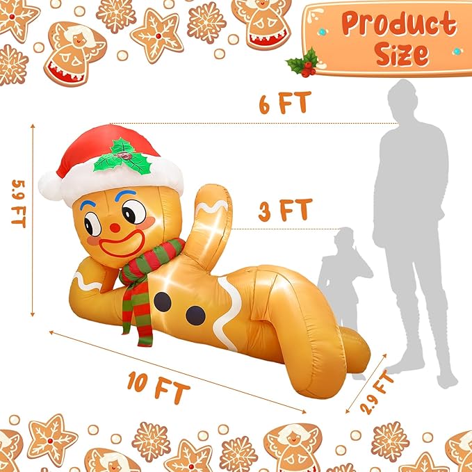 10 FT Christmas Inflatable Outdoor Decoration, Lying Gingerbread Inflatable Christmas Blow up Yard Decorations with LED Lights, Gingerbread Christmas Decoration Outdoor for Yard Garden Lawn