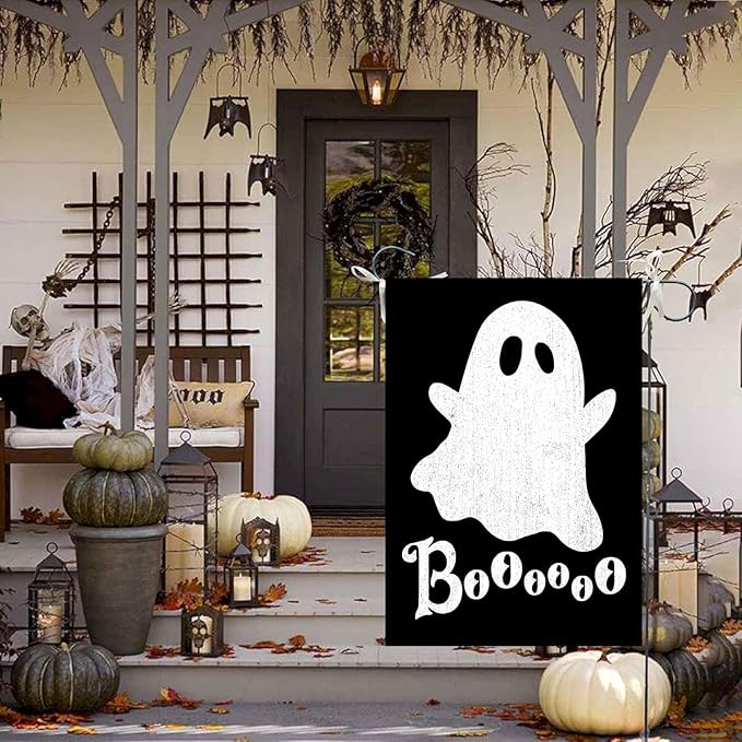 DECORLUXES Halloween Ghost Garden Flag Double Sided for Outside Boo Black Holiday Yard Decoration (Garden Flag)