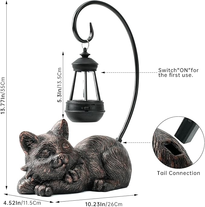 Outdoor Cat Figurine Garden Statue with Solar-Powered LED Light 13.77 Inches Tall, Gift Garden Statue Decor for Cat Lovers