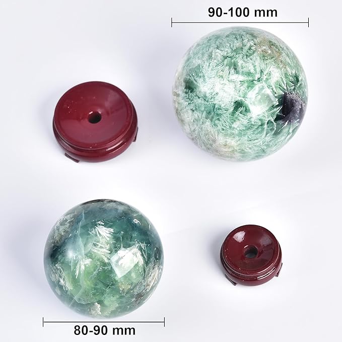 JIC Gem Large Crystal Ball Feather Fluorite Healing Crystals Sphere with Wooden Stand Meditation Home Decor 3.5-4 inch (90-100mm)