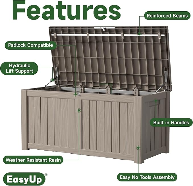 EasyUp 120 Gallon Outdoor Storage Box Waterproof, UV Resistant Resin Deck Box with Hydraulic Rod, Reinforced Stability for Patio, Garden, and Pool, Striped Gray