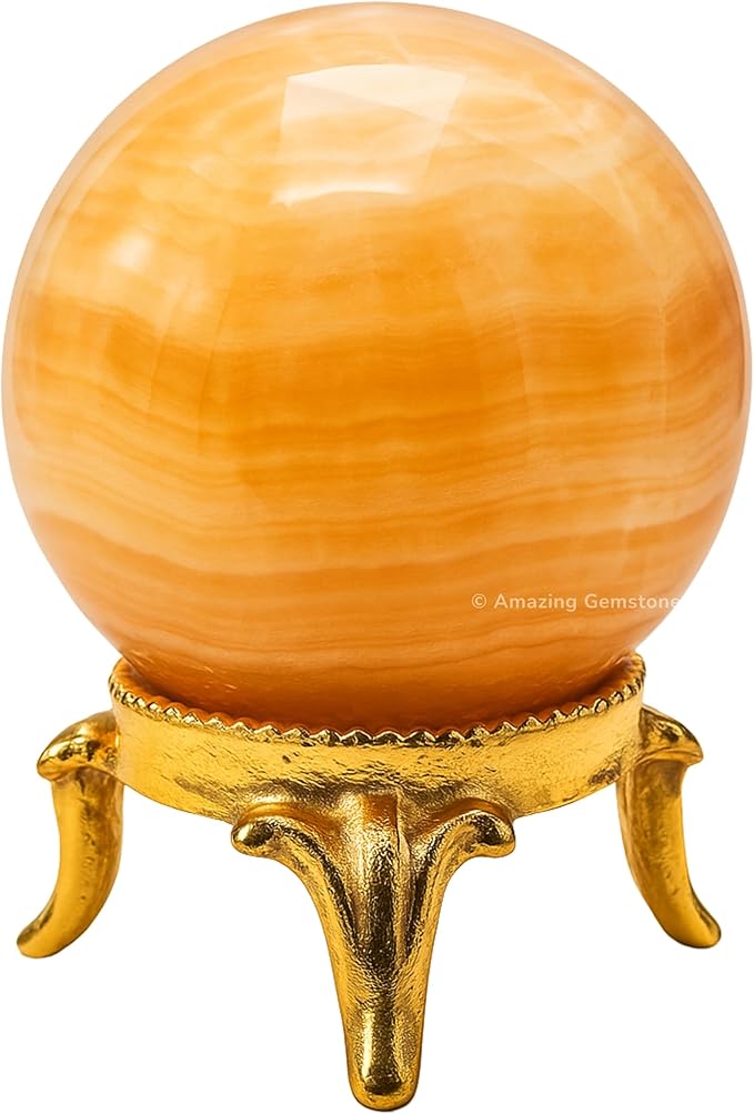 Amazing Gemstone Yellow Calcite Banded Crystal Ball with Stand - 2 Inches Crystal Sphere Meditation Balls for Witchcraft and Decorative Balls
