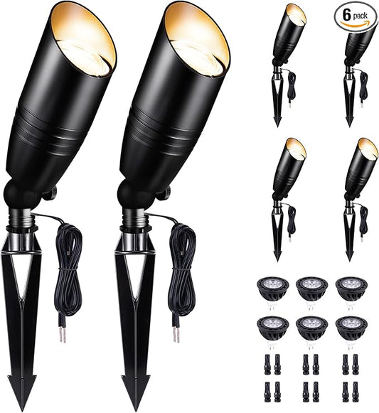 Black 12V Landscape Spotlight, LED Low Voltage Outdoor Light, Aluminum Uplight for Plant Fence Sign Outside Decoration with 5W MR16 Bulb 5000K 6 Pack