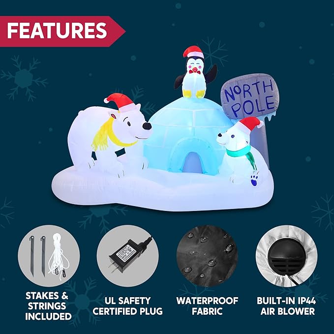 Joiedomi 6 FT Long Christmas Inflatable North Pole with Build-in LEDs, Blow Up Inflatable Polar Bears & Penguin for Xmas Party Indoor, Outdoor, Yard, Garden, Lawn Décor, Holiday Season Decorations