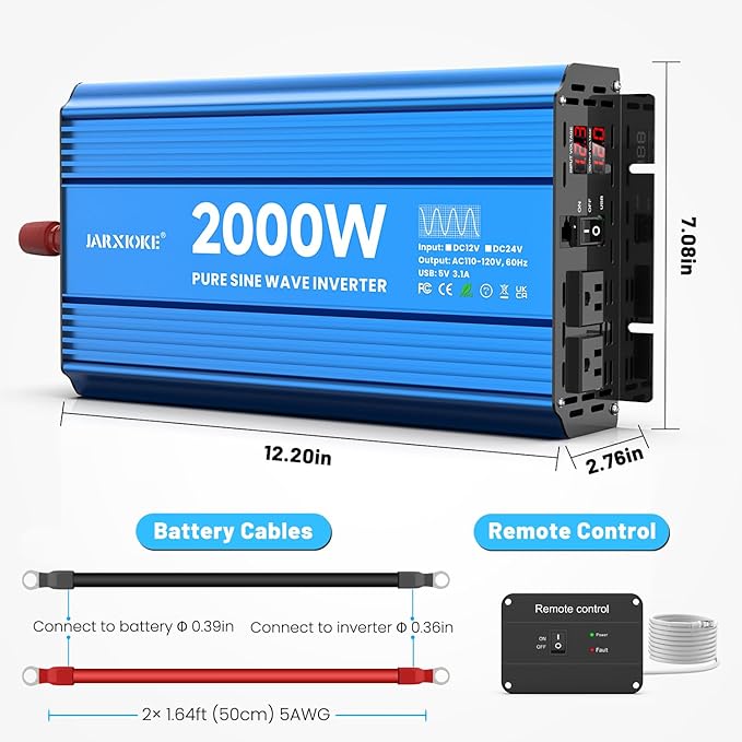 2000 Watt Pure Sine Wave Power Inverter, 12V DC to 110 Vdc to 120 Vdc, for Home, RV and Off-Grid Solar Systems, with 2 AC Outlets and USB Port, LCD Display, with Remote Control