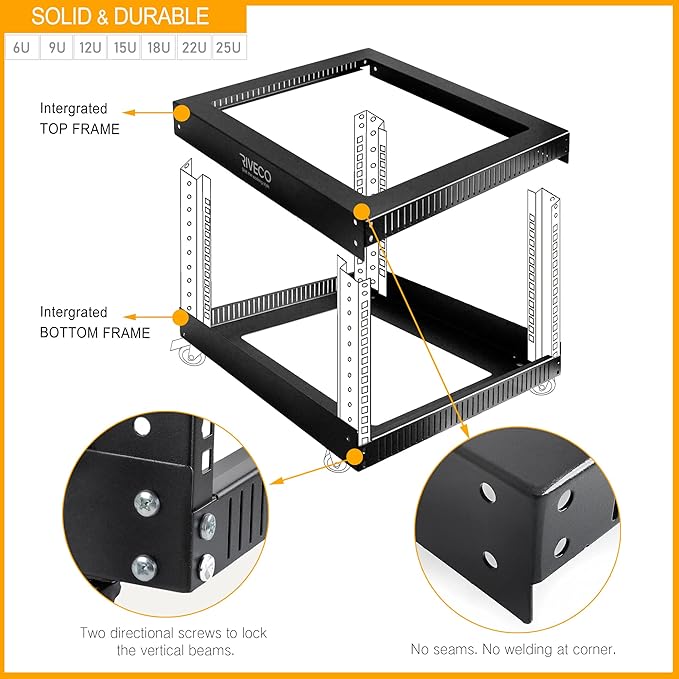 RIVECO 19" 12U Server Rack Open Frame with Wheels + PDU (8 Outlets) Power Strip Surge Protector + 1U Rack Shelf Cantilever Tray Set Black
