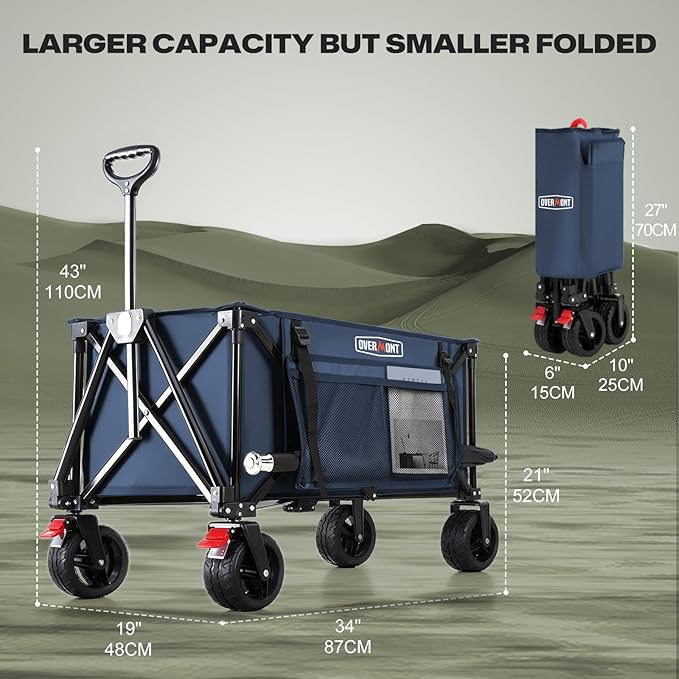 Overmont Collapsible Wagon Cart with Wheels - 180L Foldable Heavy Duty Wagon with Big All-Terrain Wheels - 330Lbs Weight Capacity with Side Pockets for Camping Sports Garden Grocery Shopping Blue