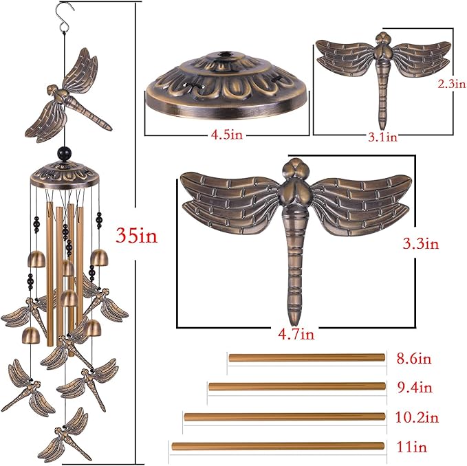 Bronze Dragonfly Wind Chimes - Garden, Home & Patio, Balconies, Room, Indoor, Outdoor Decoration, Dragonfly Decor, Outdoor Dragonflies Wind Catcher, Memorial Wind Bells Gifts for Mom & Women