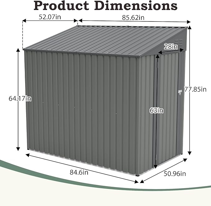 4x7 FT Lean to Shed with Single Lockable Side Door, Outdoor Metal Storage Shed, Sloping Roof Galvanized Utility Steel Tool Shed for Garden, Patio, Lawn & Backyard