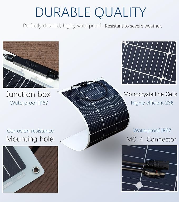 Flexible Solar Panel kit 100W 12V, monocrystalline Solar Panel10A Charge Controller,Extension Cable,Y-Type Connector for Off Grid RV, Boat,Cabin,Home Uneven Surfaces (100W Solar KIT White)