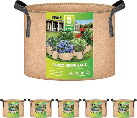 iPower 5-Pack 5 Gallon Plant Grow Bags Thickened Nonwoven Aeration Fabric Pots Heavy Duty Durable Container, Strap Handles for Garden, Tan