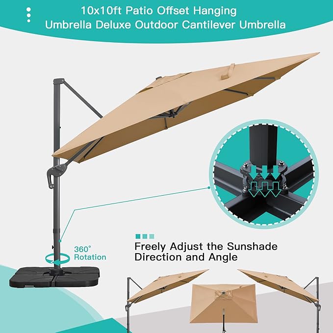 Sunnyglade 10x10Ft Cantilever Patio Umbrella Square Deluxe Offset Umbrella 360°Rotation & Integrated Tilting System Heavy Duty Patio Hanging Umbrella for Market Garden Deck Pool Backyard Patio (Tan)