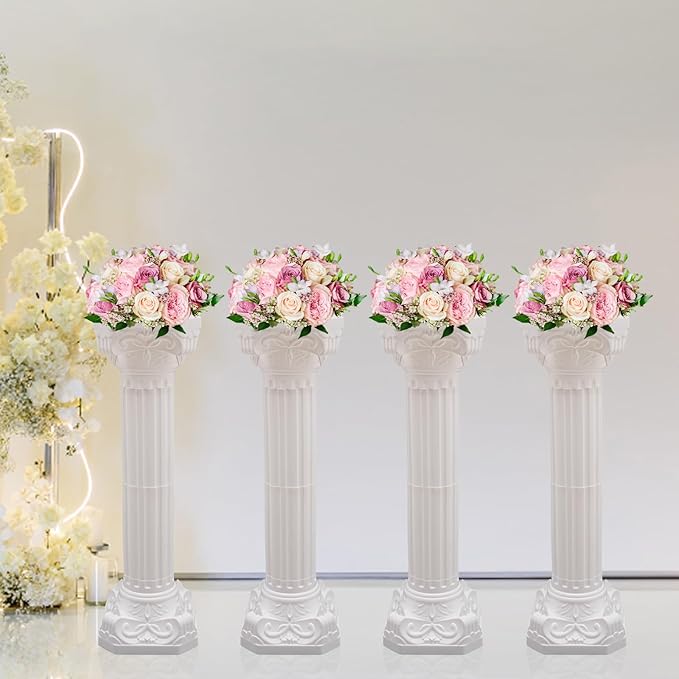 Roman Columns Wedding Column Stand Roman Pillar Plant Stand Plastic Greek Column Statue Pedestal Flower Pot Holder Decor Wedding Event Party Elegant Decorative Column (White, 4Pcs, 10.63x34.65 Inch)
