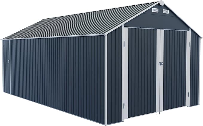 12x20 FT Outdoor Storage Shed,Metal Shed W/ 2 Lockable Hinged Doors & 4 Air Vents,Weatherproof Garden Garage Shelter W/Sloped Roof,for Backyard,Lawn,Car,Black