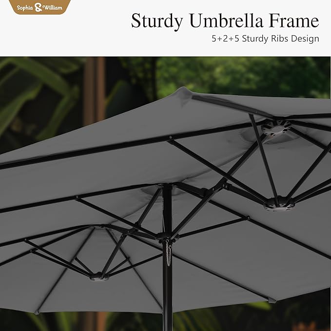 Sophia & William 15 ft Extra Large Patio Umbrella with Base Included, Rectangular Outdoor Umbrella Heavy Duty, Market Umbrella Double-sided Fade Resistant for Pool Garden Backyard, Smoky Gray