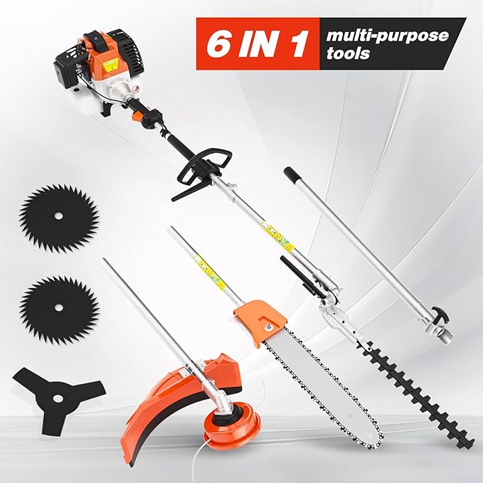 52cc 6-in-1 Gas Powered Weed Eater with Hedge Trimmer & Pole Saw - Multi-Attachment Brush Cutter,2-Stroke Lightweight Trimming Machine for Yard Maintenance