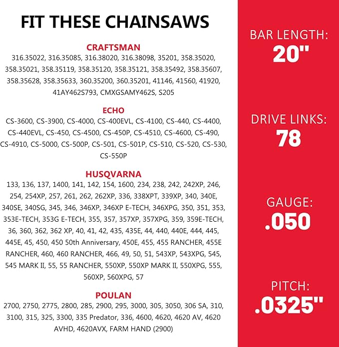 E & S 3 Pack 20 Inch Chainsaw Chain .325" Pitch .050" Gauge 78 Drive Links Semi-Chisel Chain Saw Chains for Husqvarna, Poulan, Craftsman, Greenworks and More Chainsaw Brands