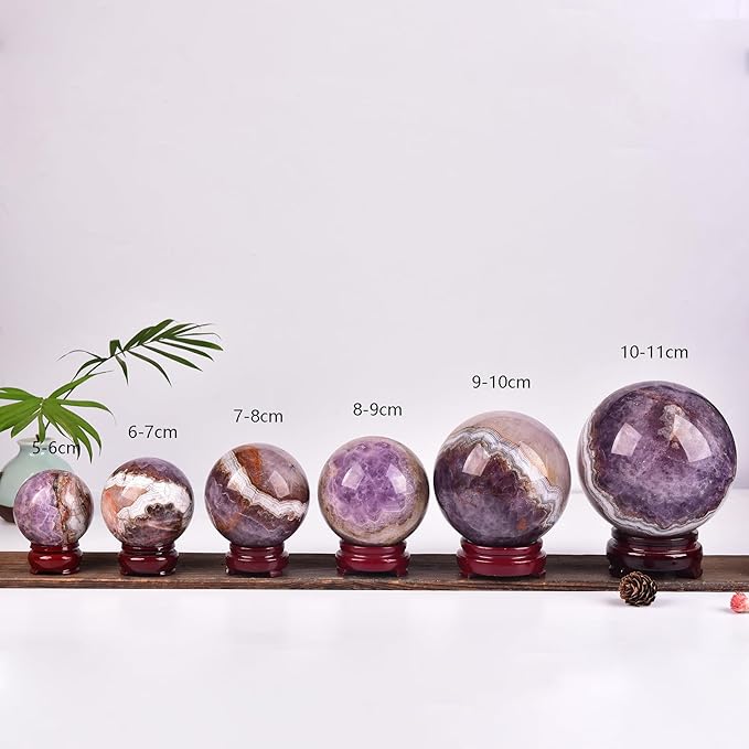 JIC Gem Amethyst Agate Crystal Ball with Wooden Stand Pink Healing Crystal Sphere Ball for Feng Shui Decor Spiritual Gifts 60-70mm