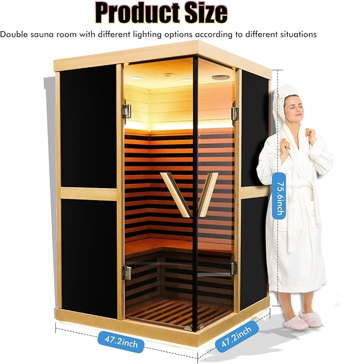 2 Person Infrared Sauna,Far Infrared Home Sauna Room,1980W Light Therapy Lamp Dry Sauna for Home,Canadian Hemlock Indoor Corner Sauna Spa with Bluetooth Speaker,for Unwell Men,Women,Elderly