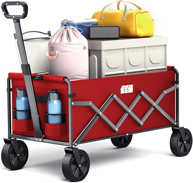 Collapsible Foldable Wagon, Foldig Cart with Wheel Heavy Duty with 180lbs Weight Capacity Lightweight Utility Camping Wagon for Groceries Garden Beach Sports Fishing (Coral Red)