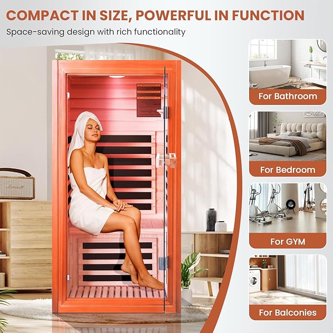 Far Infrared Home Sauna for 1 Person, 1065W 110V Indoor Spa Room, Wooden Dry Sauna with Red Light Therapy, Bluetooth Speaker, 31.5"x31.5"x63"
