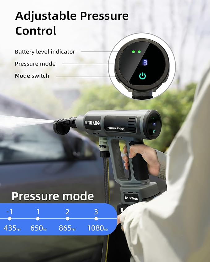 Cordless Pressure Washer 1080PSl Portable High Pressure for Car Wash Outdoor Cleaning, Handheld Power Washer with 6-in-1 Adjustable Nozzle, Foam Cannon for Fences/Driveways/Patios/Home (1X 4Ah)