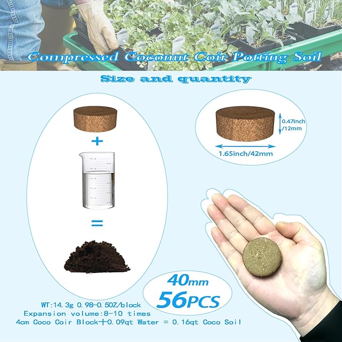 56 Pcs 40mm Compressed Coconut Coir Potting Soil,Coco Coir Pellets for Plants,Coco Fiber Pellets for Planting, Garden, Bonsai, Vegetables & Flower