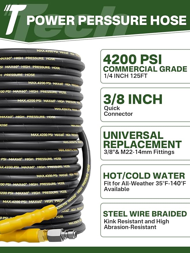 4200PSI Pressure Washer Hose 125FT with 3/8" Swivel Quick Connect for Cold/Hot Water, Kink Resistant Steel Wire Braided, Wear Resistant Power Washer Hose with 2 M22 14mm Adapter Set