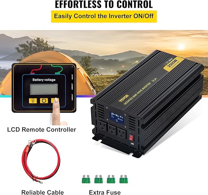 VEVOR Power Inverter, 2500W Modified Sine Wave Inverter, DC 12V to AC 120V Car Converter, with LCD Display, Remote Controller, LED Indicator, AC Outlets Inverter for Truck RV Car Boat Travel Camping