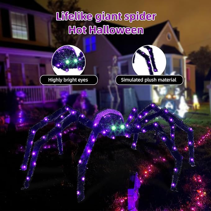 Halloween Decorations Outside Giant Spider - HOYECHI Outdoor Halloween Decor Lighted Spider 4.2FT, Light Up Spider with 90 LED Lights, Ground Stakes, for Front Yard Porch Gardens Lawns Party