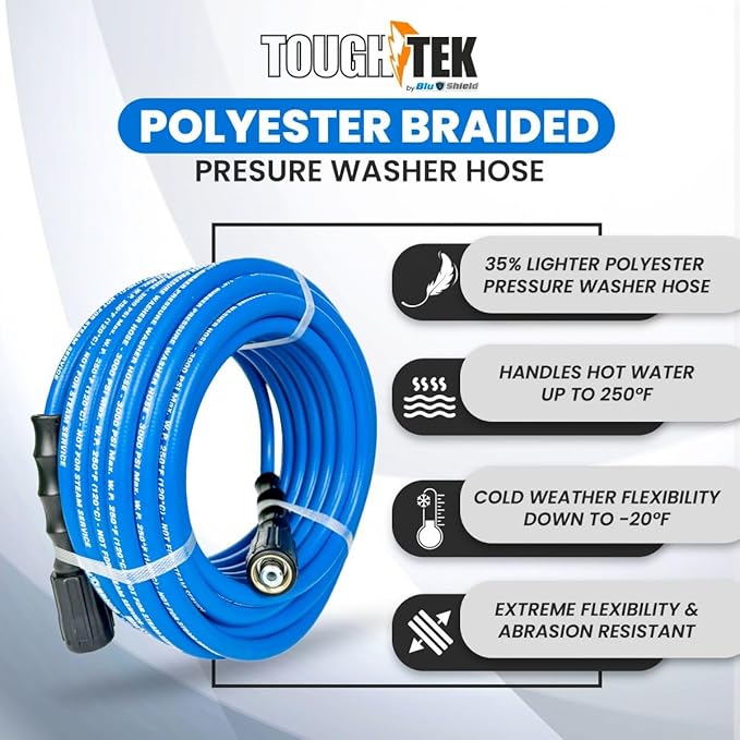 Tough-Tek Rubber Pressure Washing Hose 1/4" x 50' with M22 Coupler – Blue