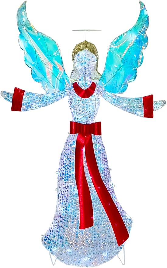 5FT Lighted-up Angel Christmas Decoration, 3D Halo Wings Angel Glitter Decor with LED Lights, Holiday Decorate The Yard Garden Lawn Porch
