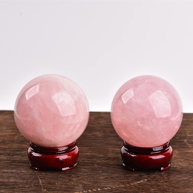 JIC Gem 2.5 Inch Natural Pink Rose Quartz Magic Crystal Healing Ball Ornament Sphere with Wood Stand for Decoration, Meditation, Scrying Mirror, Feng Shui.