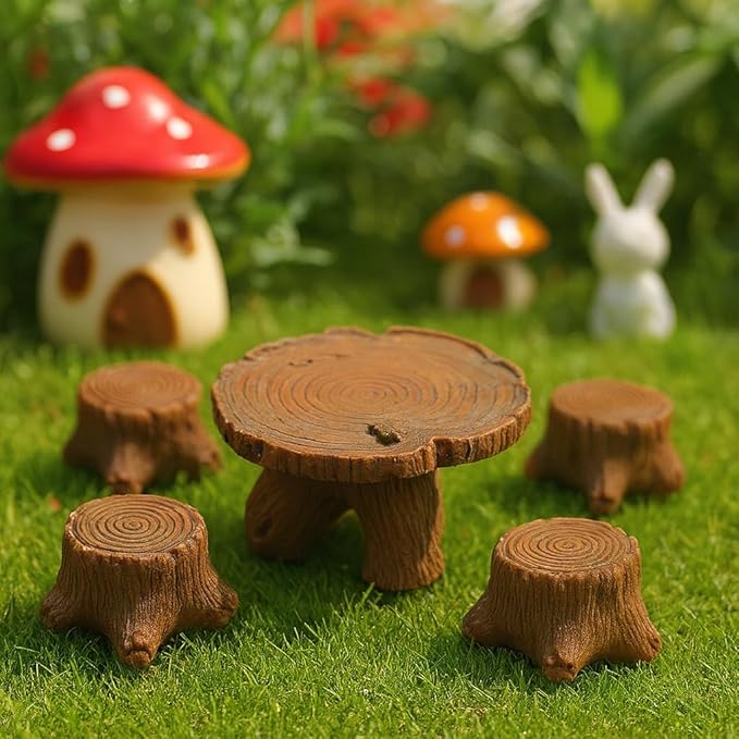 Miniature Tree Stump Garden Furniture Set, Brown Resin, Fairy Garden Decor, Indoor Outdoor Terrarium Accessories for Micro Landscape